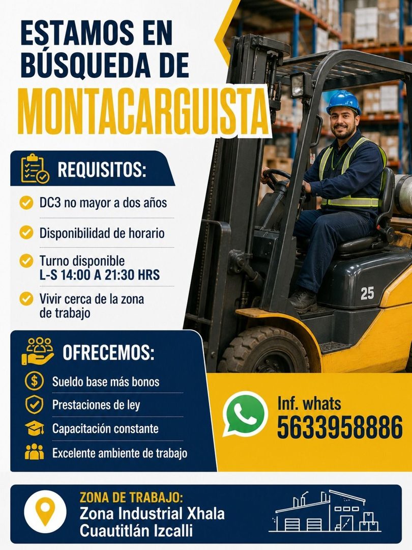 Banner del anuncio de la vacante: ESTAMOS EN · BÚSQUEDA DE · MONTACARGUISTA · REQUISITOS: · DC3 no mayor a dos años · Disponibilidad de horario · Turno disponible · L-S 14:00