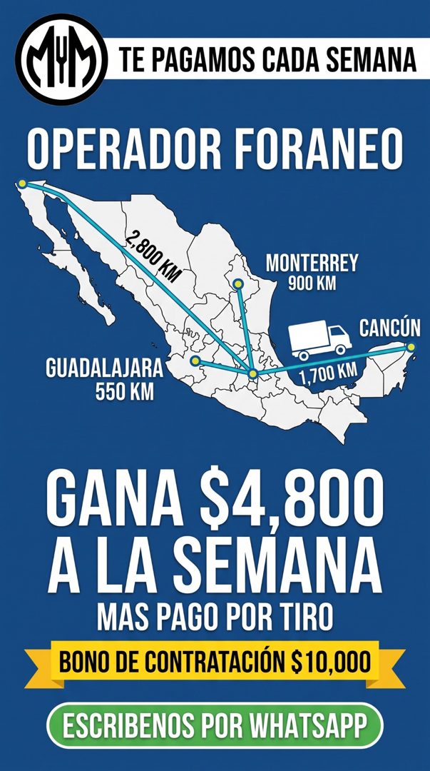 Banner del anuncio de la vacante: TE PAGAMOS CADA SEMANA · OPERADOR FORANEO · 2,800 KM · MONTERREY · 900 KM · CANCÚN · GUADALAJARA · 550 KM · 1,700 KM · GANA $4,800 · A LA SE