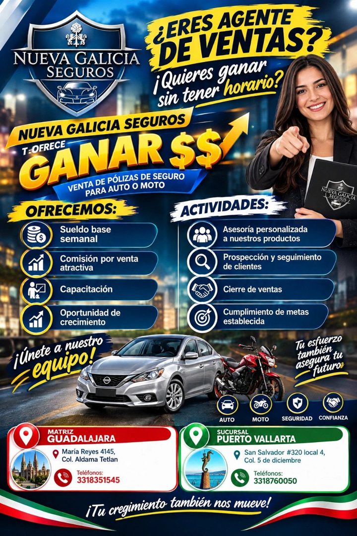 Banner del anuncio de la vacante: ¿ERES AGENTE · NUEVA GALICIA · SEGUROS · DE VENTAS? · ¡Quieres ganar · sin tener horario? · NUEVA GALICIA SEGUROS · T:OFRECE · GANARS$ · VEN