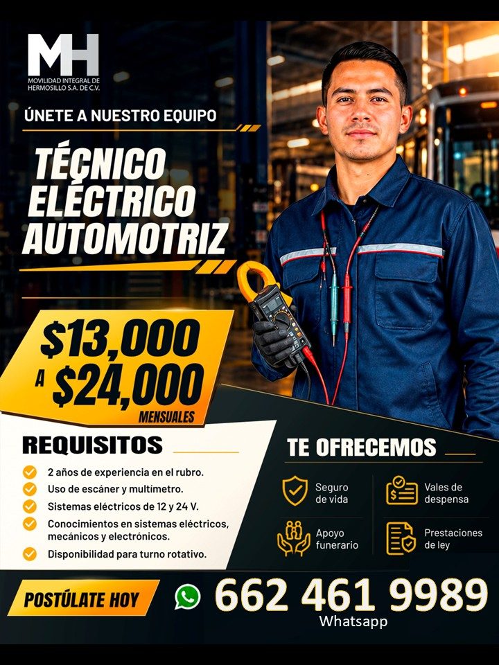 Banner del anuncio de la vacante: MH · MOVILIDAD INTEGRAL DE · HERMOSILLO S.A. DE C.V. · UNETE A NUESTRO EQUIPO · TÉCNICO · ELECTRICO · AUTOMOTRIZ · $13,000 · * $24,000 · MEN