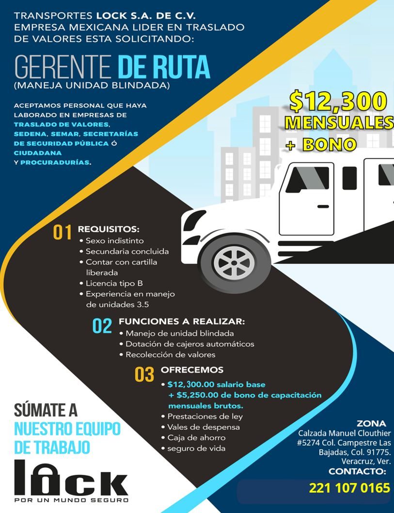 Banner del anuncio de la vacante: TRANSPORTES LOCK S.A. DE C.V. · EMPRESA MEXICANA LIDER EN TRASLADO · DE VALORES ESTA SOLICITANDO: · GERENTE DE RUTA · (MANEJA UNIDAD BLINDAD