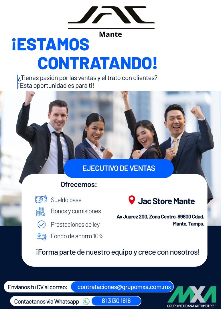Banner del anuncio de la vacante: Int · Mante · ¡ESTAMOS · CONTRATANDO! · ¿Tienes pasión por las ventas y el trato con clientes? · ¡Esta oportunidad es para ti! · EJECUTIVO D