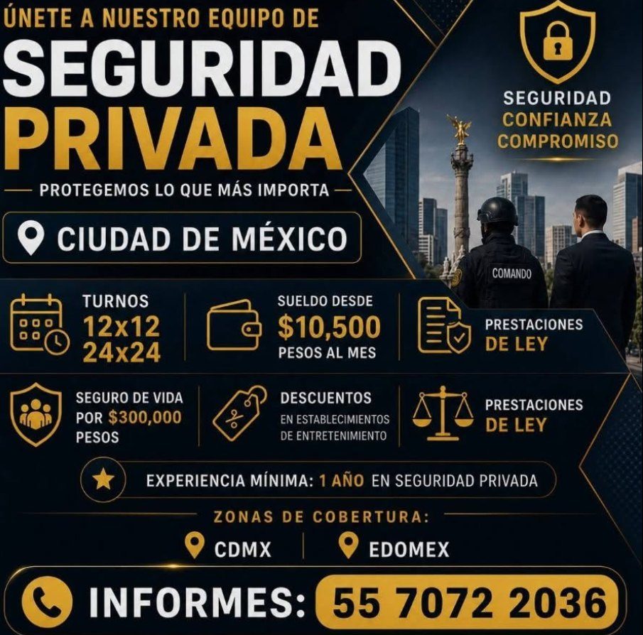 Banner del anuncio de la vacante: ÚNETE A NUESTRO EQUIPO DE · SEGURIDAD · PRIVADA · - PROTEGEMOS LO QUE MAS IMPORTA - · CIUDAD DE MÉXICO · SEGURIDAD · CONFIANZA · COMPROMISO 