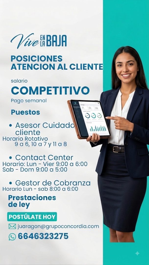 Banner del anuncio de la vacante: Vive ABAJA · POSICIONES · ATENCION AL CLIENTE · salario · COMPETITIVO · Pago semanal · Puestos · • Asesor Cuidado · cliente · Horario Rotati