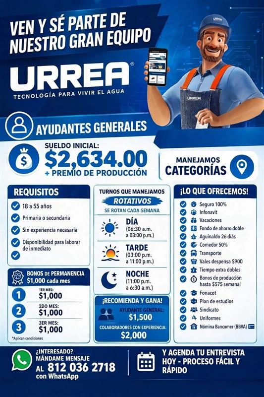 Banner del anuncio de la vacante: VEN Y SÉ PARTE DE · NUESTRO GRAN EQUIPO · URREA · TECNOLOGÍA PARA VIVIR EL AGUA · AYUDANTES GENERALES · SUELDO INICIAL: · $2,634.00 · + PREM