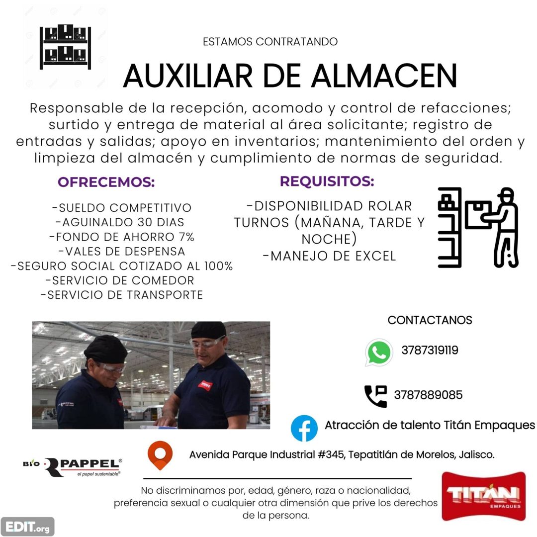 Banner del anuncio de la vacante: ESTAMOS CONTRATANDO · AUXILIAR DE ALMACEN · Responsable de la recepción, acomodo y control de refacciones; · surtido y entrega de material a