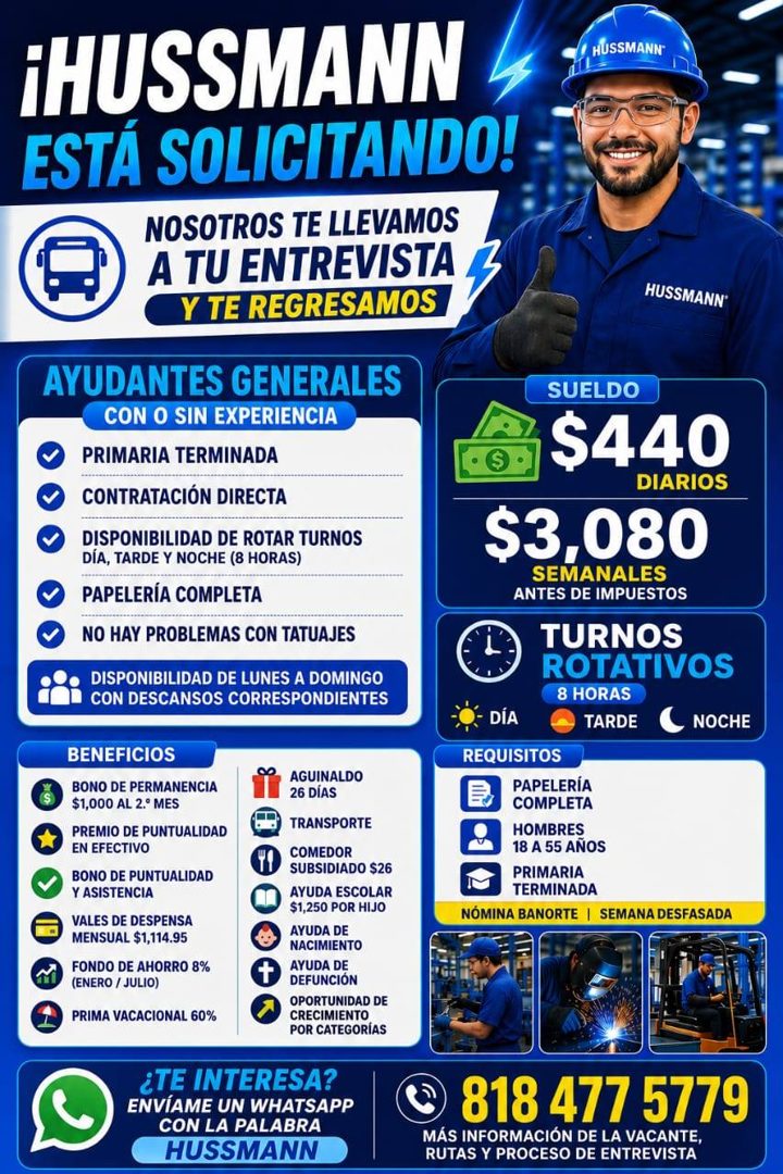 Banner del anuncio de la vacante: THUSSMANN · ESTÁ SOLICITANDO! · NOSOTROS TE LLEVAMOS · A TU ENTREVISTA · Y TE REGRESAMOS · /HUSSMANN™ · HUSSMANN® · AYUDANTES GENERALES · CO