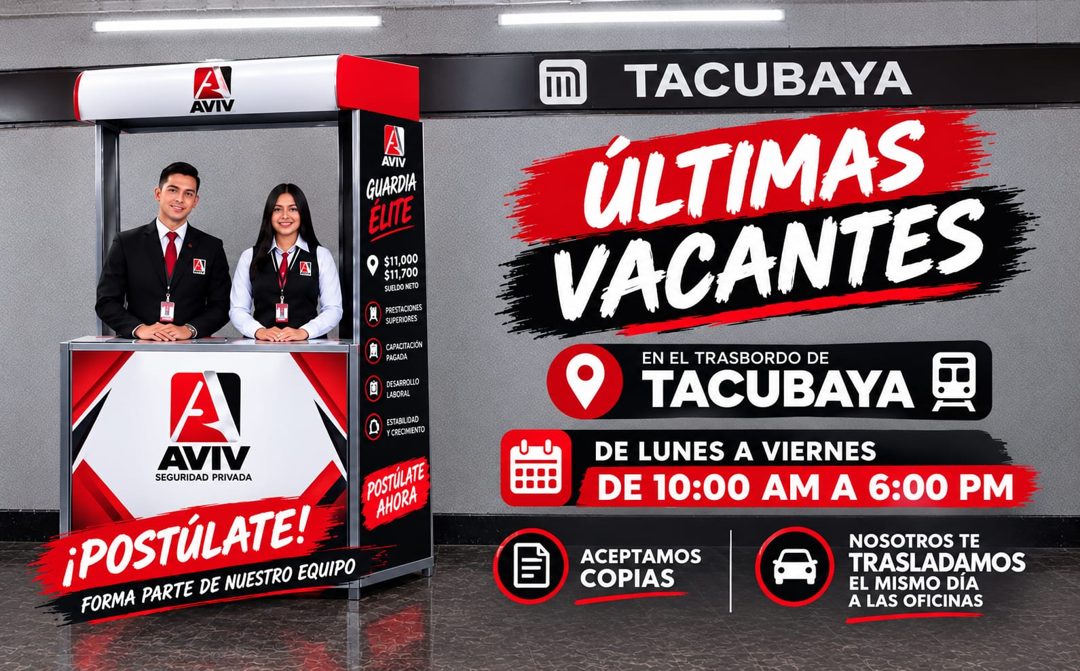 Banner del anuncio de la vacante: AVIV · AVIV · GUARDIA · ÉLITE · $11,000 · $11,700 · SUELDO NETO · PRESTACIONES · SUPERIORES · CAPACITACIÓN · PAGADA · DESARROLLO · LABORAL ·