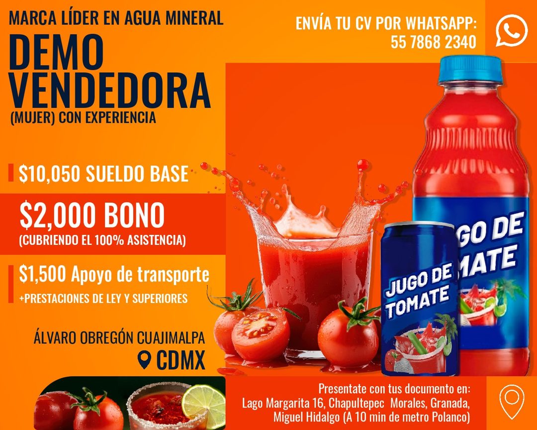 Banner del anuncio de la vacante: MARCA LÍDER EN AGUA MINERAL · DEMO · VENDEDORA · (MUJER) CON EXPERIENCIA · 1$10,050 SUELDO BASE* · $2,000 BONO · (CUBRIENDO EL 100% ASISTENC