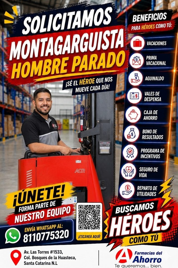 Banner del anuncio de la vacante: SOLICITAMOS · MONTAGARGUISTA · HOMBRE PARADO · ¡SÉ EL HÉROE QUE NOS · MUEVE CADA DÍA! · BENEFICIOS · PARA HÉROES COMO TÚ: · AOR · FUNETEL · 