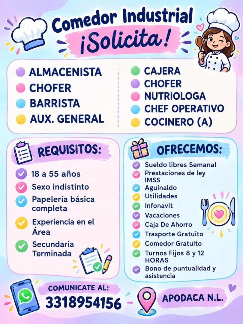 Banner del anuncio de la vacante: Comedor Industrial · ¡Solicita! · ALMACENISTA · CHOFER · BARRISTA · AUX. GENERAL · REQUISITOS: · 18 a 55 años · v Sexo indistinto · V Papele