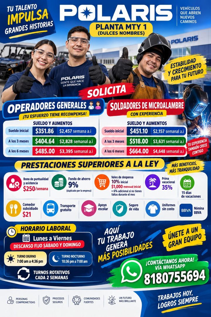 Banner del anuncio de la vacante: TU TALENTO · IMPULSA · GRANDES HISTORIAS · POLARIS · PLANTA MTY 1 · (DULCES NOMBRES) · VEHÍCULOS · QUE ABREN · NUEVOS · CAMINOS · POLARIS · 