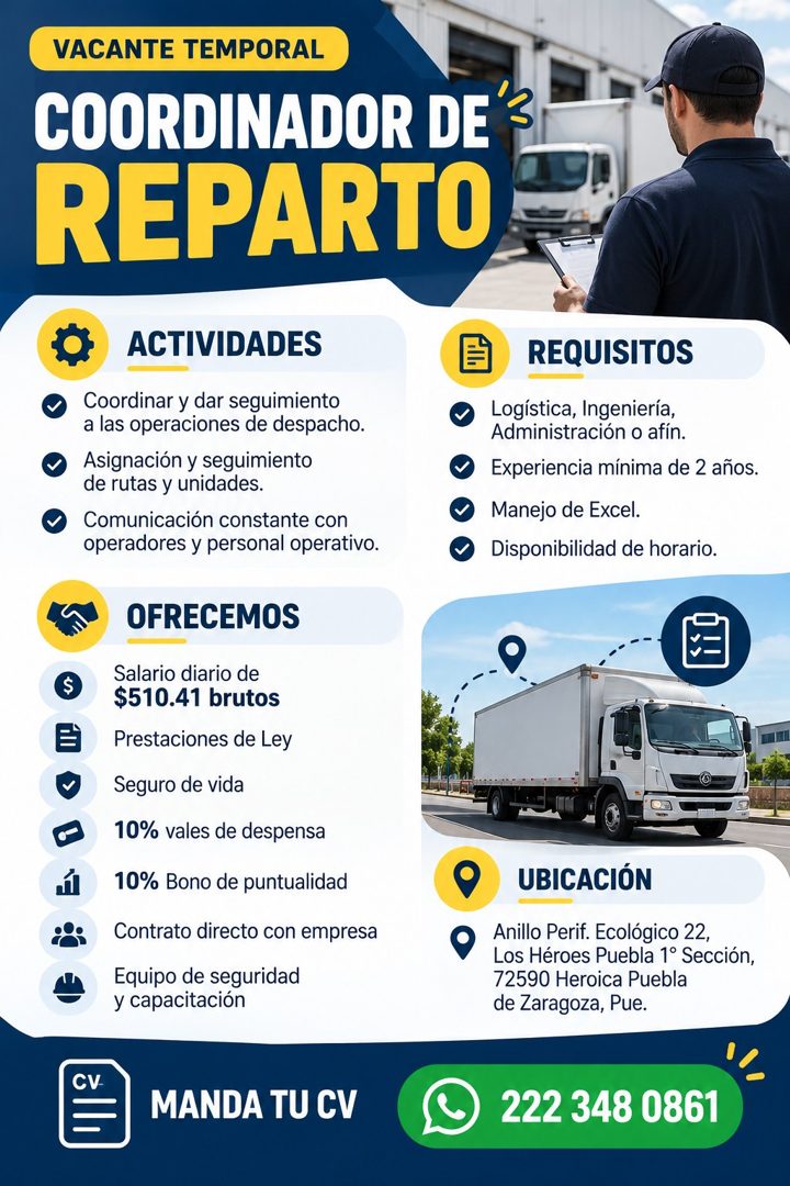 Banner del anuncio de la vacante: VACANTE TEMPORAL · COORDINADOR DE · REPARTO · ACTIVIDADES · Coordinar y dar seguimiento · a las operaciones de despacho. · Asignación y segu