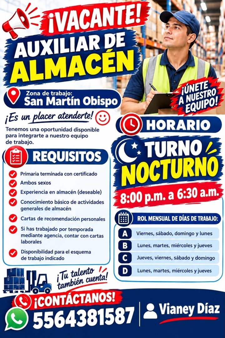 Banner del anuncio de la vacante: IVACANTE! · AUXILIAR DE · ALMACÉN · Zona de trabajo: · San Martín Obispo · ¡Es un placer atenderte! · Tenemos una oportunidad disponible · p