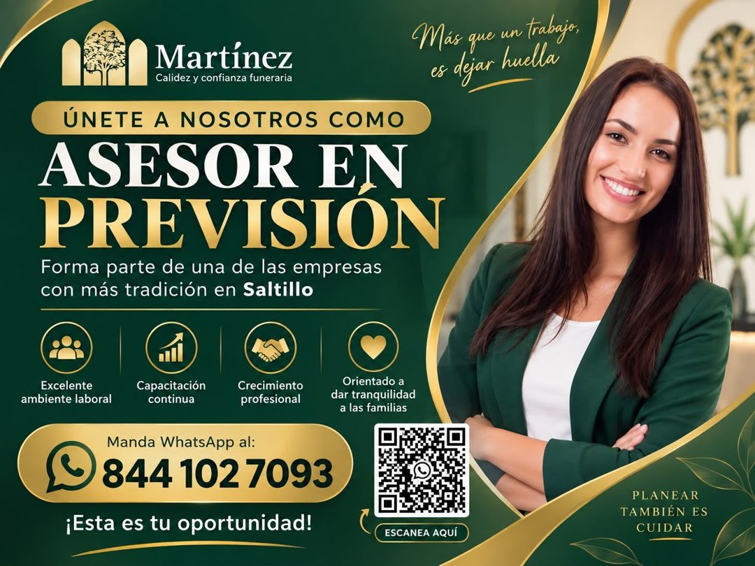 Banner del anuncio de la vacante: Martinez · Calidez y confianza funeraria · ÚNETE A NOSOTROS COMO · ASESOR EN · PREVISION · Forma parte de una de las empresas · con más trad