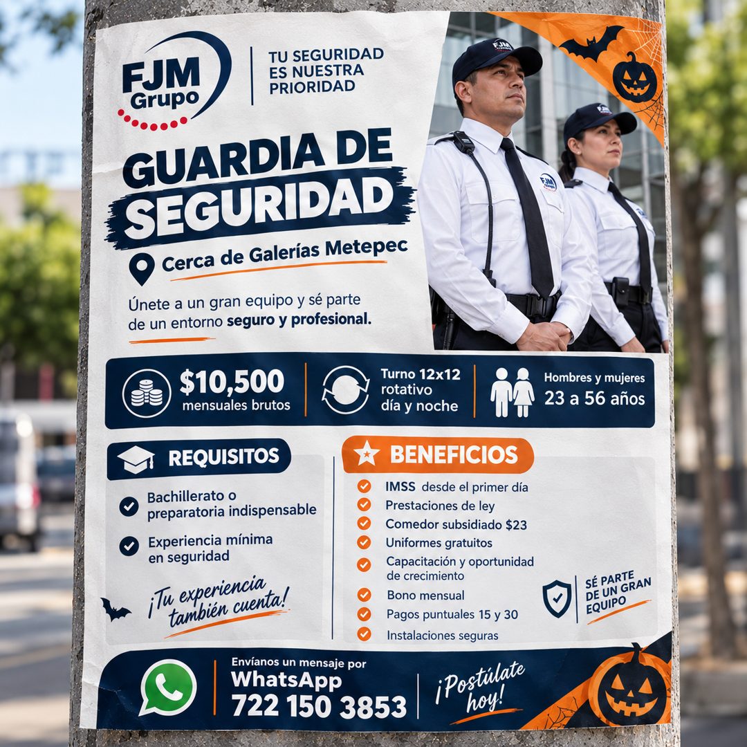 Banner del anuncio de la vacante: FJM · Grupo · TU SEGURIDAD · ES NUESTRA · PRIORIDAD · GUARDIA DE · SEGURIDAD · • Cerca de Galerías Metepec · Únete a un gran equipo y sé par