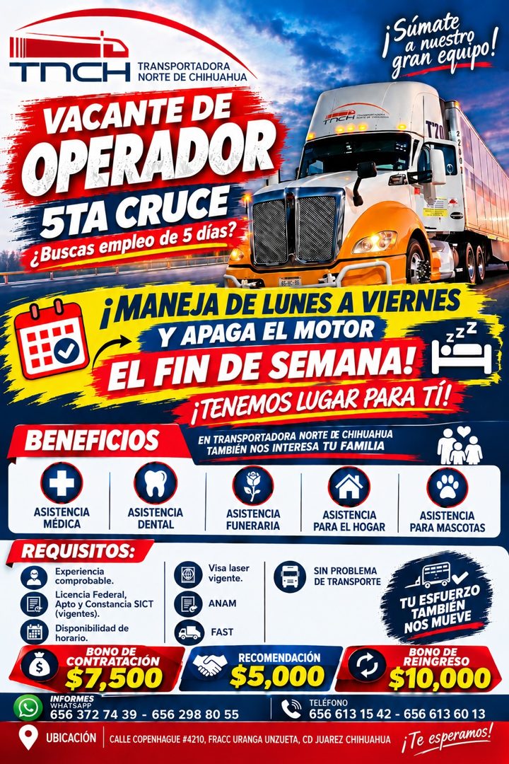 Banner del anuncio de la vacante: ; Súmate · a nuestrọ · TMCH · TRANSPORTADORA · NORTE DE CHIHUAHUA · VACANTE DE · OPERADOR · STA CRUCE · ¿Buscas empleo de 5 días? · 1'20: · 