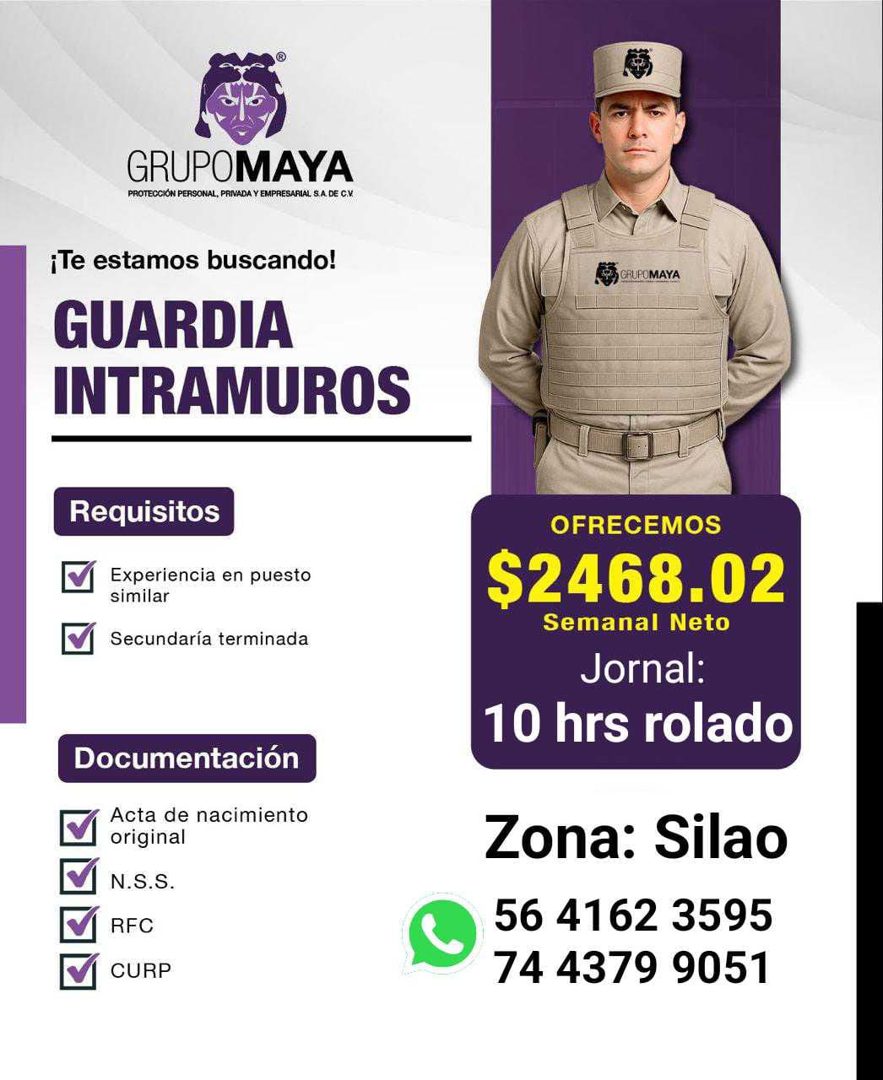 Banner del anuncio de la vacante: GRUPOMAYA · PROTECCIÓN PERSONAL, PRIVADA Y EMPRESARIAL S.A. DE C.V · ¡Te estamos buscando! · GUARDIA · INTRAMUROS · Requisitos · Experiencia