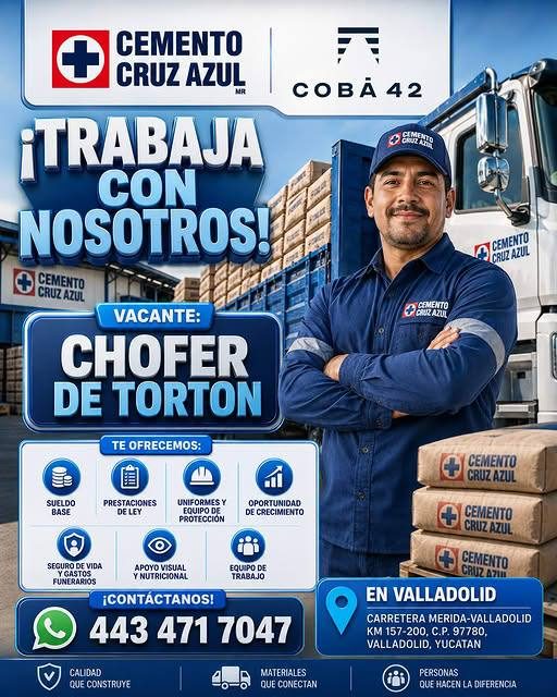 Banner del anuncio de la vacante: CEMENTO · CRUZ AZUL · ¡TRABAJA · CON · NOSOTROS! · CEMENTO · CRUZ AZUL · COBÃ 42 · CEMENTO · CRUZ AZUL · VACANTE: · CHOFER · DE TORTON · TE 