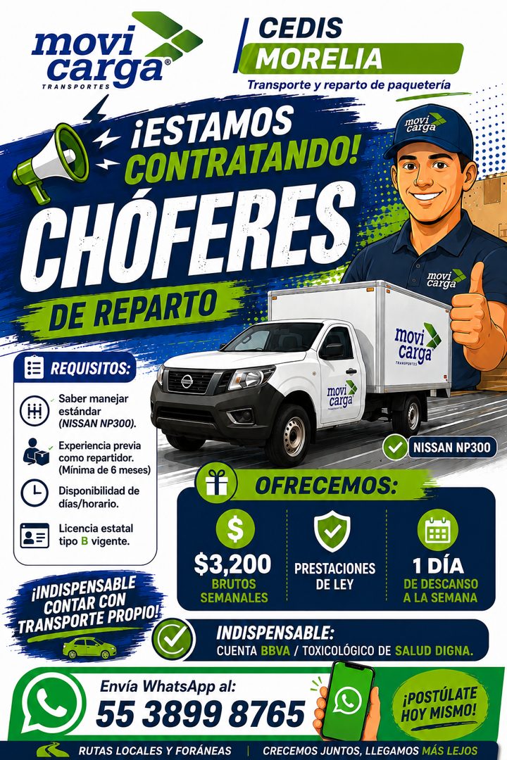 Banner del anuncio de la vacante: I CEDIS · movi · TRANSPORTES · carga® · MORELIA · Transporte y reparto de paquetería · ¡ESTAMOS · movi · carga · CONTRATANDO! · CHOFERES · m