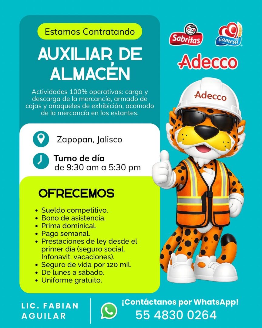 Banner del anuncio de la vacante: Estamos Contratando · AUXILIAR DE · ALMACEN · Actividades 100% operativas: carga y · descarga de la mercancía, armado de · cajas y anaqueles