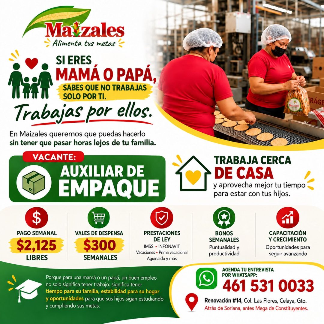 Banner del anuncio de la vacante: Malzales · Alimenta tus metas · SI ERES · MAMÁ O PAPÁ, · SABES QUE NO TRABAJAS · SOLO POR TI. · Trabajas por ellos. · En Maizales queremos q