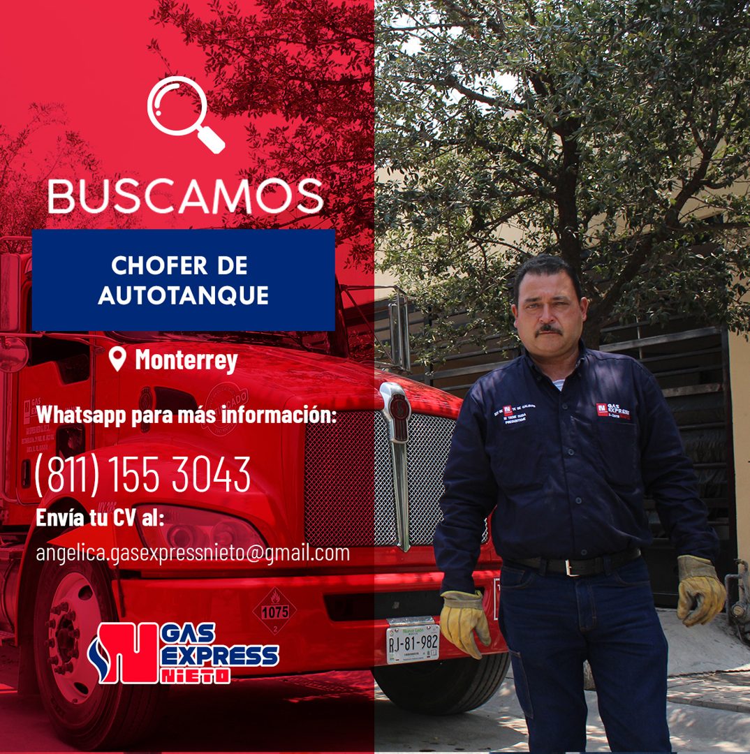 Banner del anuncio de la vacante: BUSCAMOS · CHOFER DE · AUTOTANQUE · • Monterrey · Whatsapp para más información: · 8(811) 155 3043 · Envía tu CV al: · angelica.gasexpressni