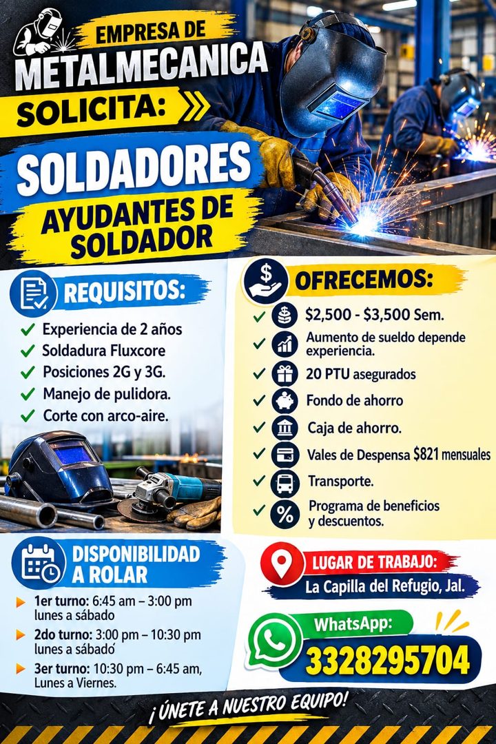 Banner del anuncio de la vacante: EMPRESA DE · METALMECANICA · SOLICITA: · SOLDADORES · AYUDANTES DE · SOLDADOR · $ · REQUISITOS: · OFRECEMOS: · V · Experiencia de 2 años · S