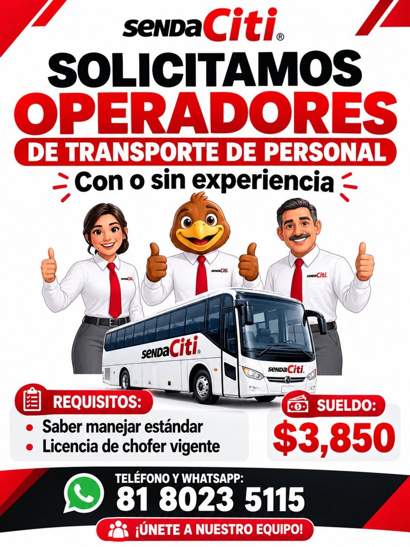 Banner del anuncio de la vacante: SeNDa Citi® · SOLICITAMOS · OPERADORES · DE TRANSPORTE DE PERSONAL · Con o sin experiencia - · senca Citi. · senoa Citi. · SENDaCiti. · SeND