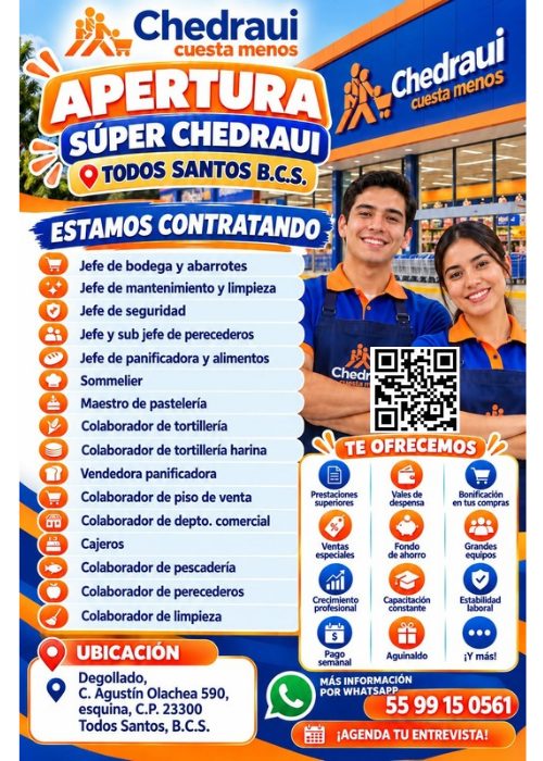 Banner del anuncio de la vacante: Chedraui · cuesta menos · APERTURA · SÚPER CHEDRAUI · O TODOS SANTOS B.C.S. · ESTAMOS CONTRATANDO · Jefe de bodega y abarrotes · Jefe de man