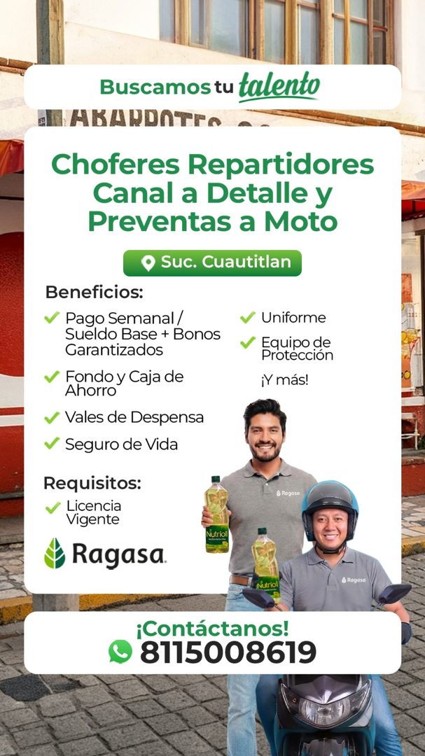 Banner del anuncio de la vacante: Buscamos tu talento · AKANDATrO · Choferes Repartidores · Canal a Detalle y · Preventas a Moto · • Suc. Cuautitlan · Beneficios: · Pago Sema