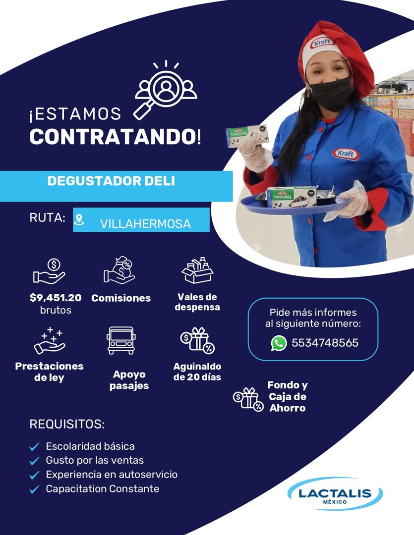Banner del anuncio de la vacante: ¡ESTAMOS · CONTRATANDO! · DEGUSTADOR DELI · RUTA: · VILLAHERMOSA · $9,451.20 · brutos · Comisiones · Vales de · despensa · Prestaciones · de