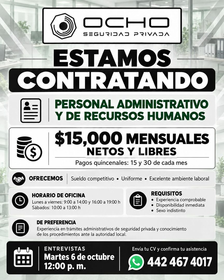 Banner del anuncio de la vacante: OCHC · ESTAMOS · CONTRATANDO · PERSONAL ADMINISTRATIVO · Y DE RECURSOS HUMANOS · $15,000 MENSUALES · NETOS Y LIBRES · Pagos quincenales: 15 