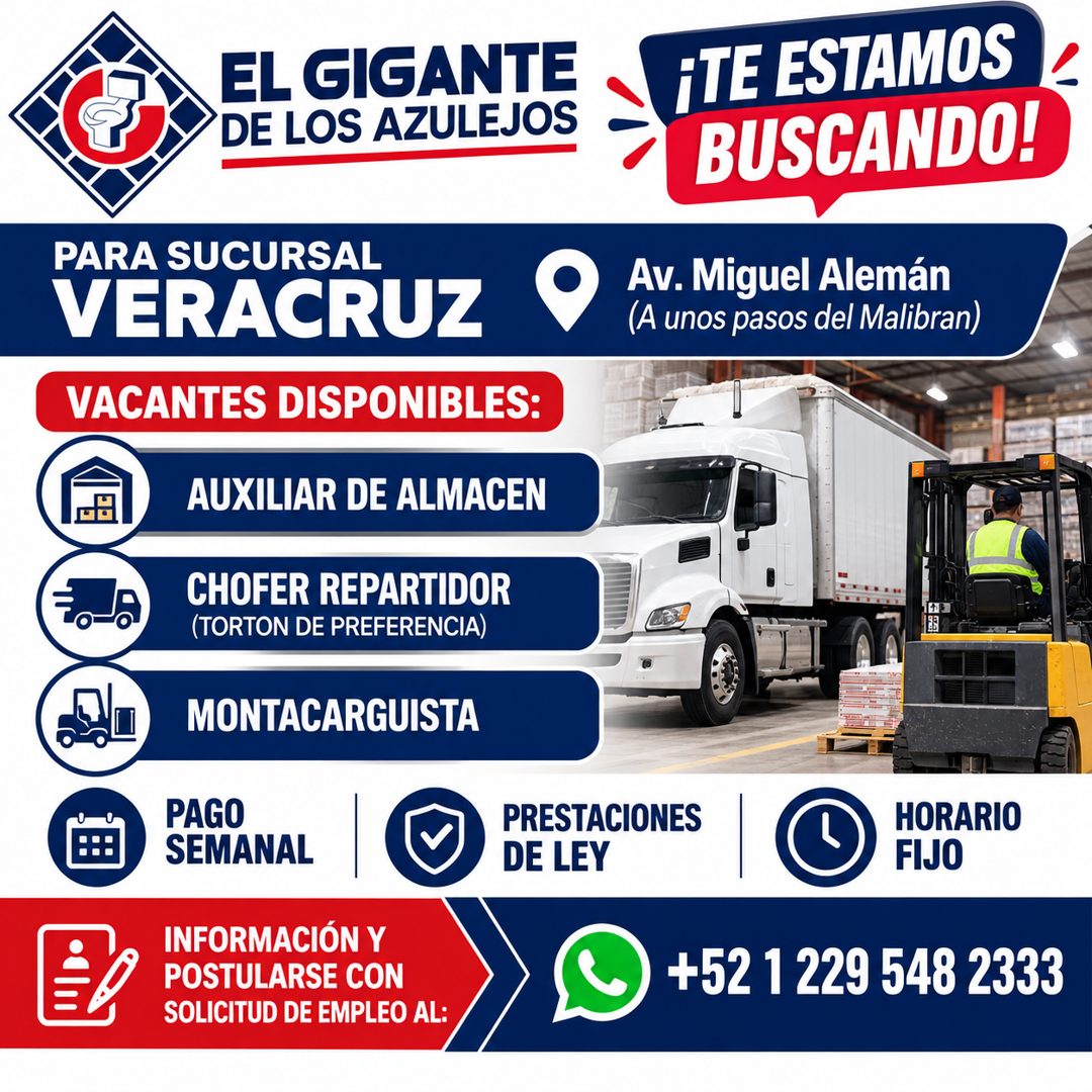Banner del anuncio de la vacante: EL GIGANTE · DE LOS AZULEJOS · ¡TE ESTAMOS · BUSCANDO! · Av. Miguel Alemán · (A unos pasos del Malibran) · PARA SUCURSAL · VERACRUZ · VACANT