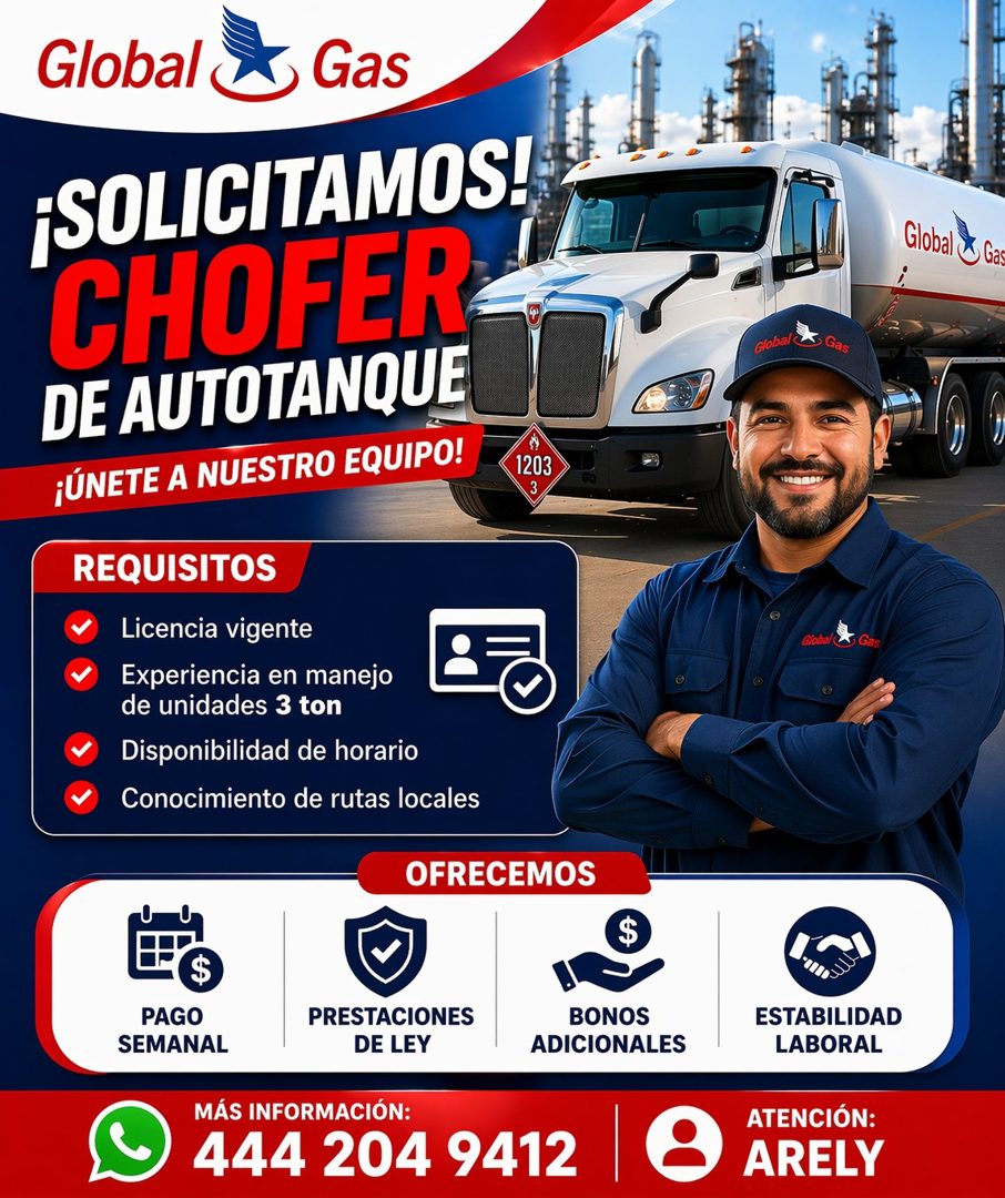 Banner del anuncio de la vacante: Global · Gas · ¡SOLICITAMOS! · CHOFER · DE AUTOTANQUE · ¡ÚNETE A NUESTRO EQUIPO! · 1203 · 3 · REQUISITOS · Licencia vigente · Experiencia en