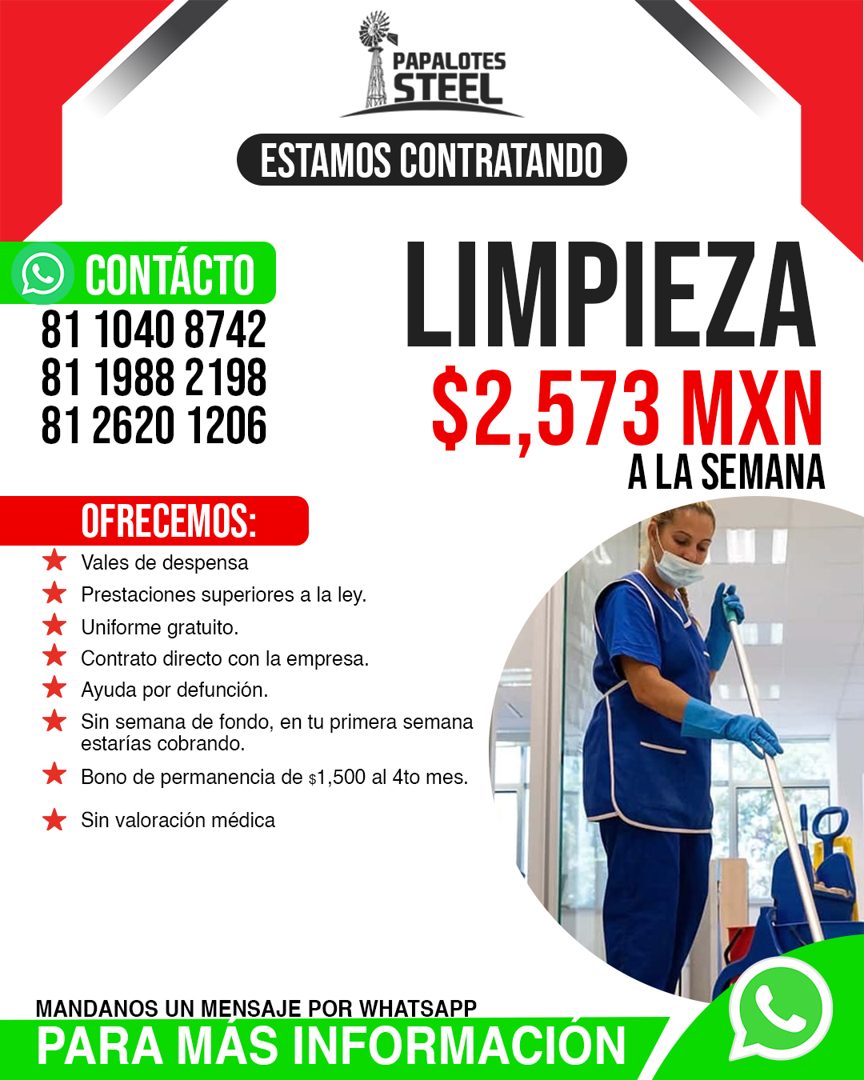 Banner del anuncio de la vacante: CONTÁCTO · 81 1040 8742 · 81 1988 2198 · 81 2620 1206 · OFRECEMOS: · * Vales de despensa · * Prestaciones superiores a la ley. · * Uniforme 