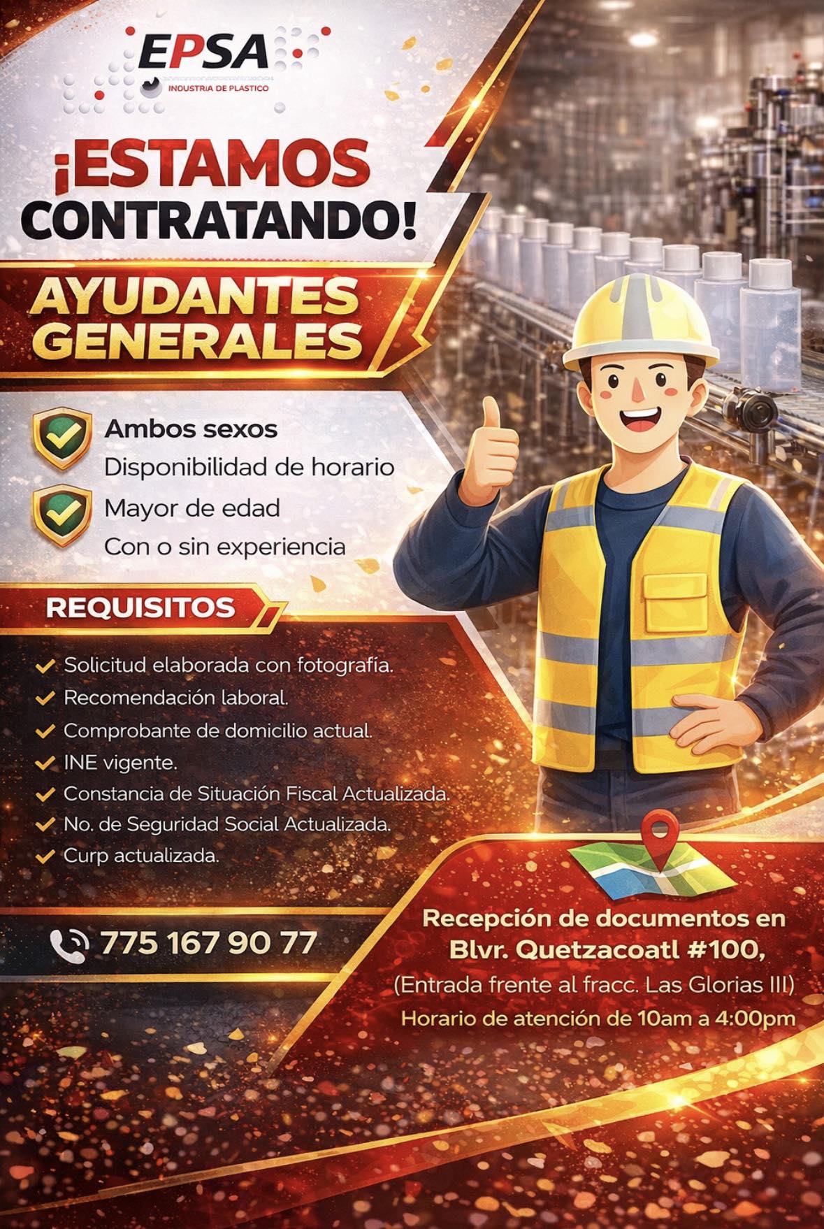 Banner del anuncio de la vacante: EPSA · INOUSTRIA DE PLASTICO · ¡ESTAMOS · CONTRATANDO! · AYUDANTES · GENERALES · Ambos sexos · Disponibilidad de horario · Mayor de edad · C