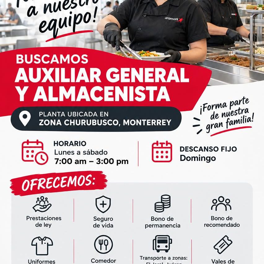 Banner del anuncio de la vacante: a nues · equipo! · aromark · BUSCAMOS · AUXILIAR GENERAL · Y ALMACENISTA · PLANTA UBICADA EN · ZONA CHURUBUSCO, MONTERREY · HORARIO · Lunes 