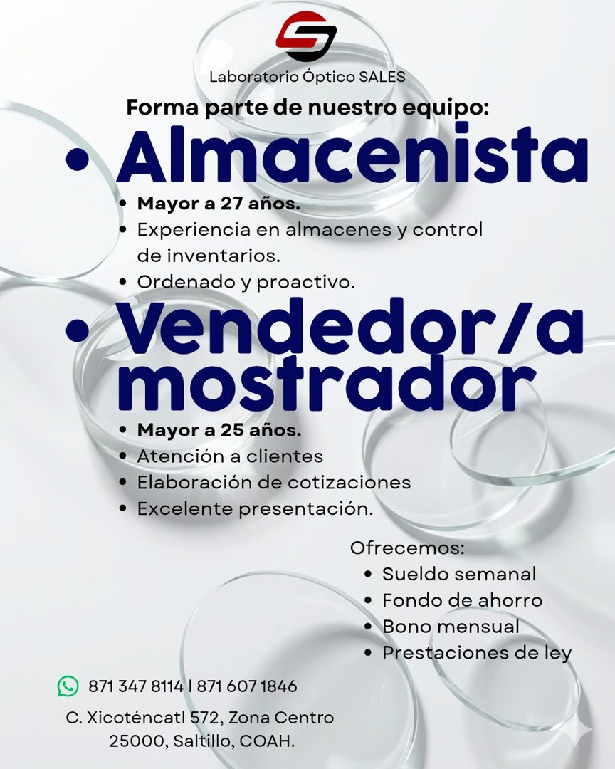 Banner del anuncio de la vacante: Laboratorio Óptico SALES · Forma parte de nuestro equipo: · • Almacenista · • Mayor a 27 años. · • Experiencia en almacenes y control · de i