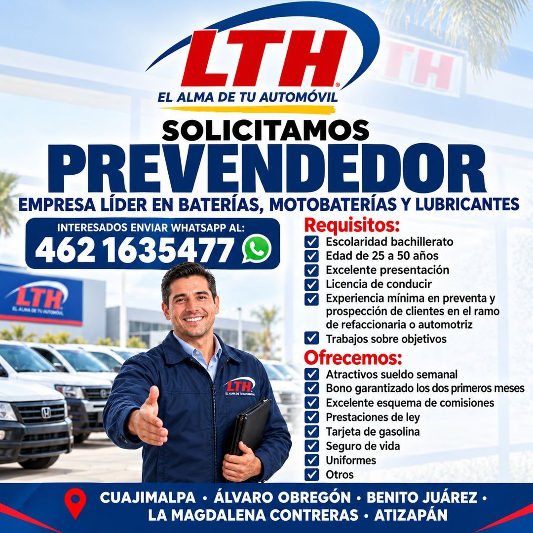 Banner del anuncio de la vacante: LTH · EL ALMA DE TU AUTOMÓVIL · H · SOLICITAMOS · PREVENDEDOR · EMPRESA LÍDER EN BATERÍAS, MOTOBATERÍAS Y LUBRICANTES · INTERESADOS ENVIAR W