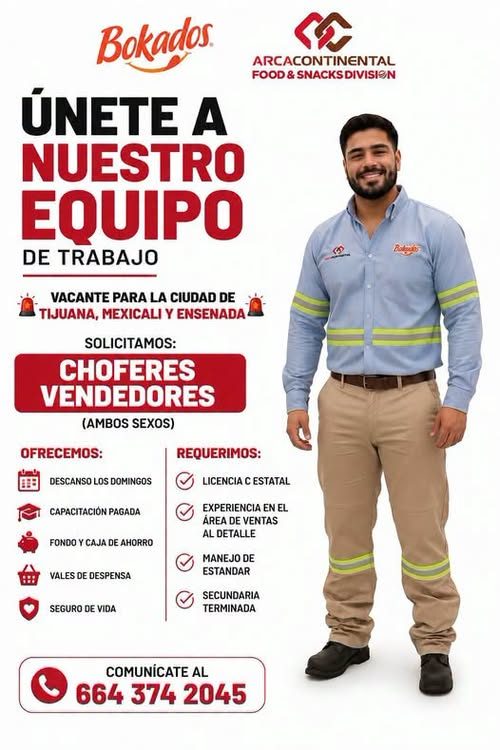 Banner del anuncio de la vacante: Bokados. · ÚNETE A · NUESTRO · EQUIPO · DE TRABAJO · VACANTE PARA LA CIUDAD DE · -TIJUANA, MEXICALI Y ENSENADA · SOLICITAMOS: · CHOFERES · V