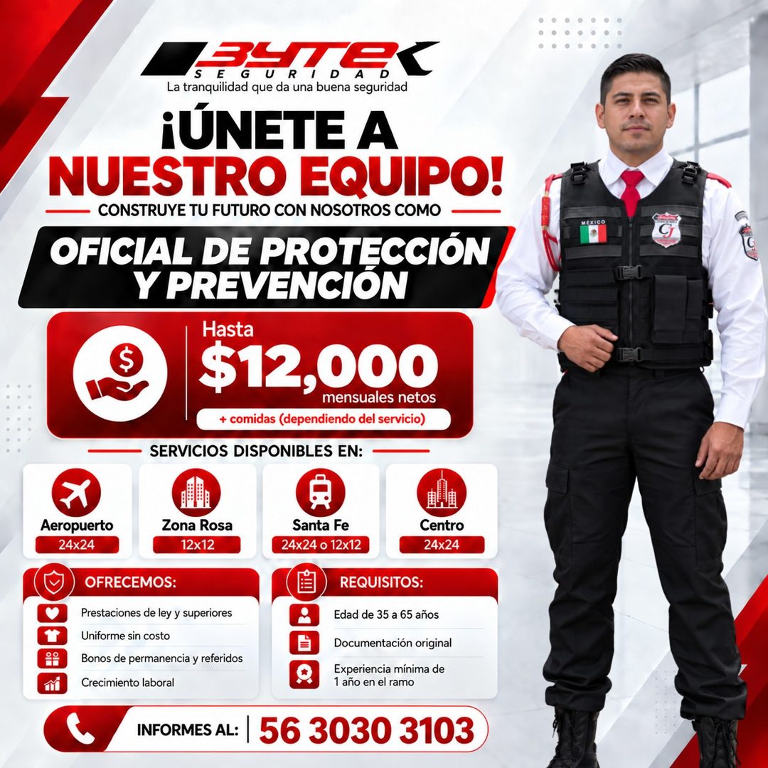 Banner del anuncio de la vacante: S · BUTE · EG · I D · La tranquilidad que da una buena seguridad · ¡ÚNETE A · NUESTRO QUIPO! · CONSTRUYE TU FUTURO CON NOSOTROS COMO · OFICI