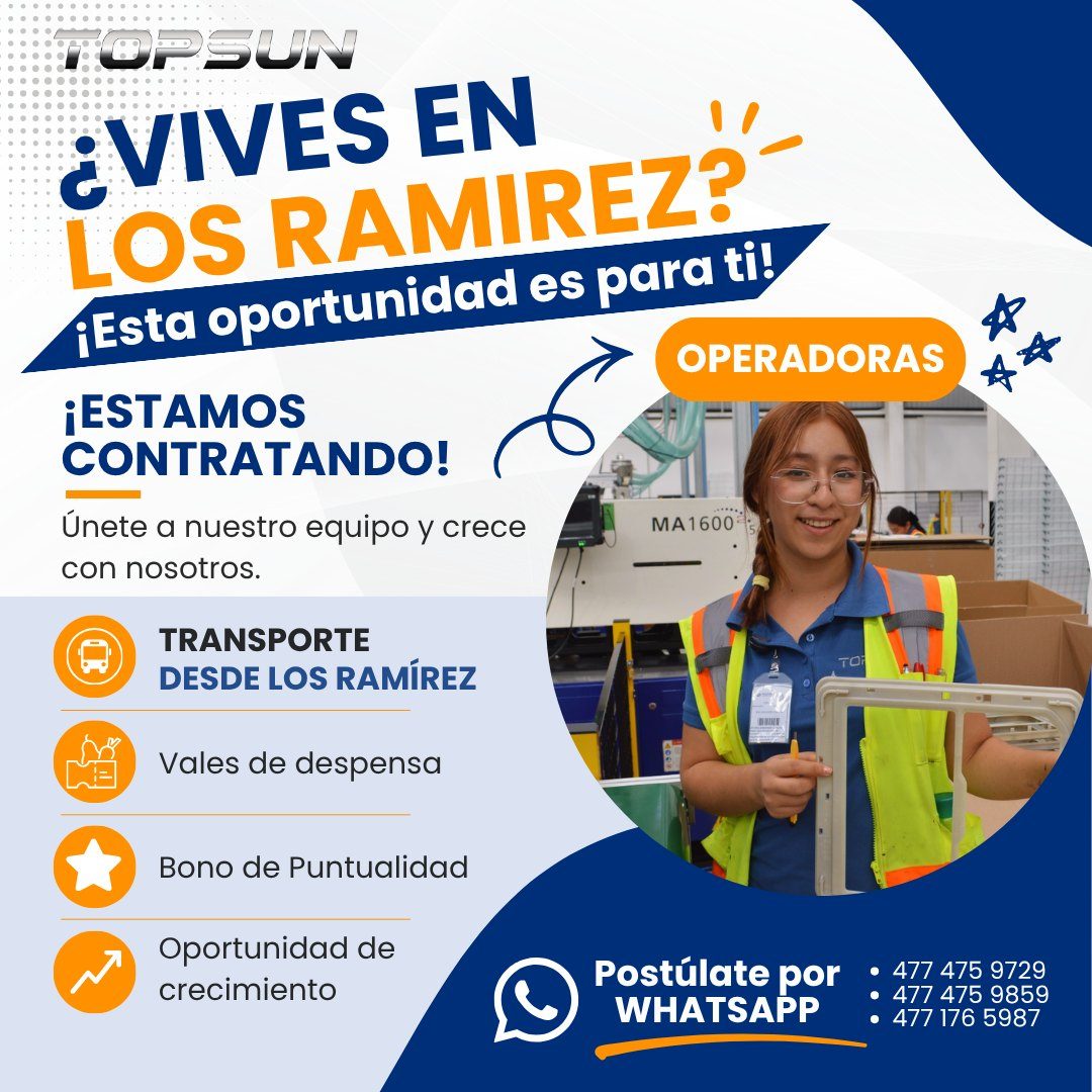 Banner del anuncio de la vacante: TOPSUN · ¿VIVES EN · LOS RAMIREZ?- · ¡Esta oportunidad es para ti! · OPERADORAS · ¡ESTAMOS · CONTRATANDO! · Únete a nuestro equipo y crece ·