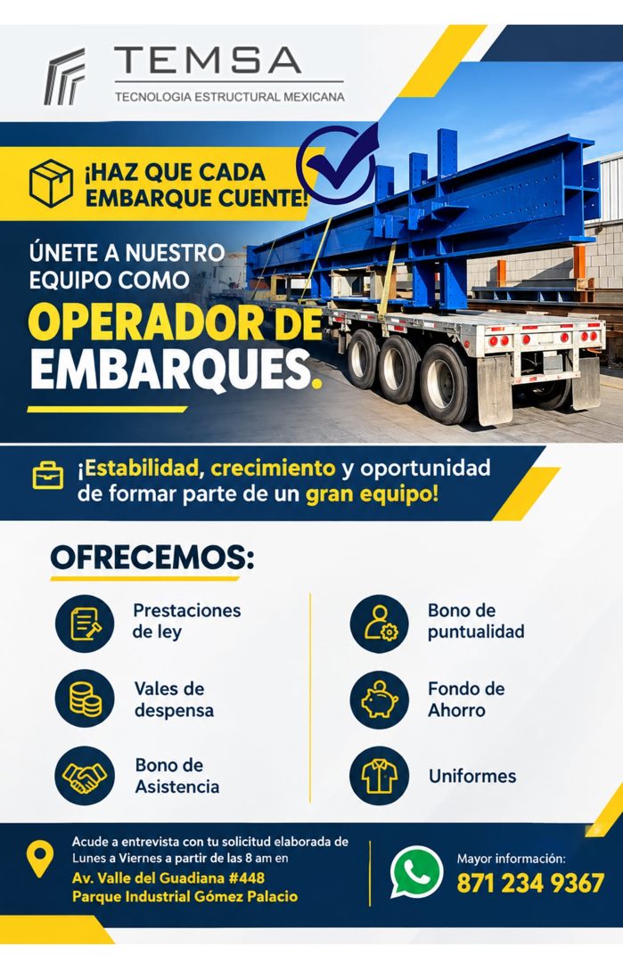 Banner del anuncio de la vacante: TEMSA · TECNOLOGIA ESTRUCTURAL MEXICANA · ¡HAZ QUE CADA · EMBARQUE CUENTE! · ViL · ÚNETE A NUESTRO · EQUIPO COMO · OPERADOR DE- · EMBARQUES.