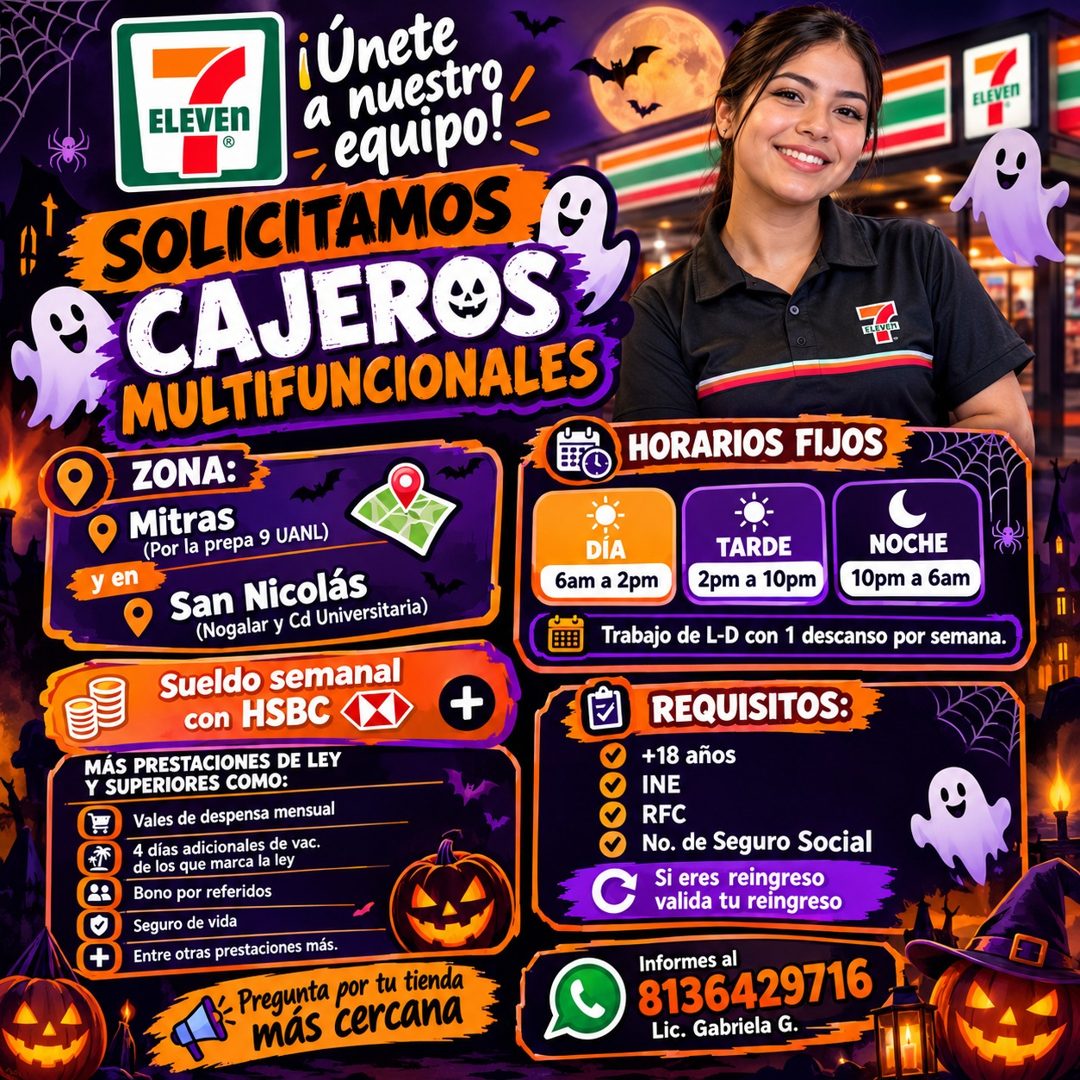 Banner del anuncio de la vacante: ¡Únete · ELEVEN · ® · a nuestro · equipo! · SOLICITAMOS · CAJEROS · CAJEROS · MULTIFUNCIONALES · ELEVEN · ELEVEN · HORARIOS FIJOS · ZONA: · 