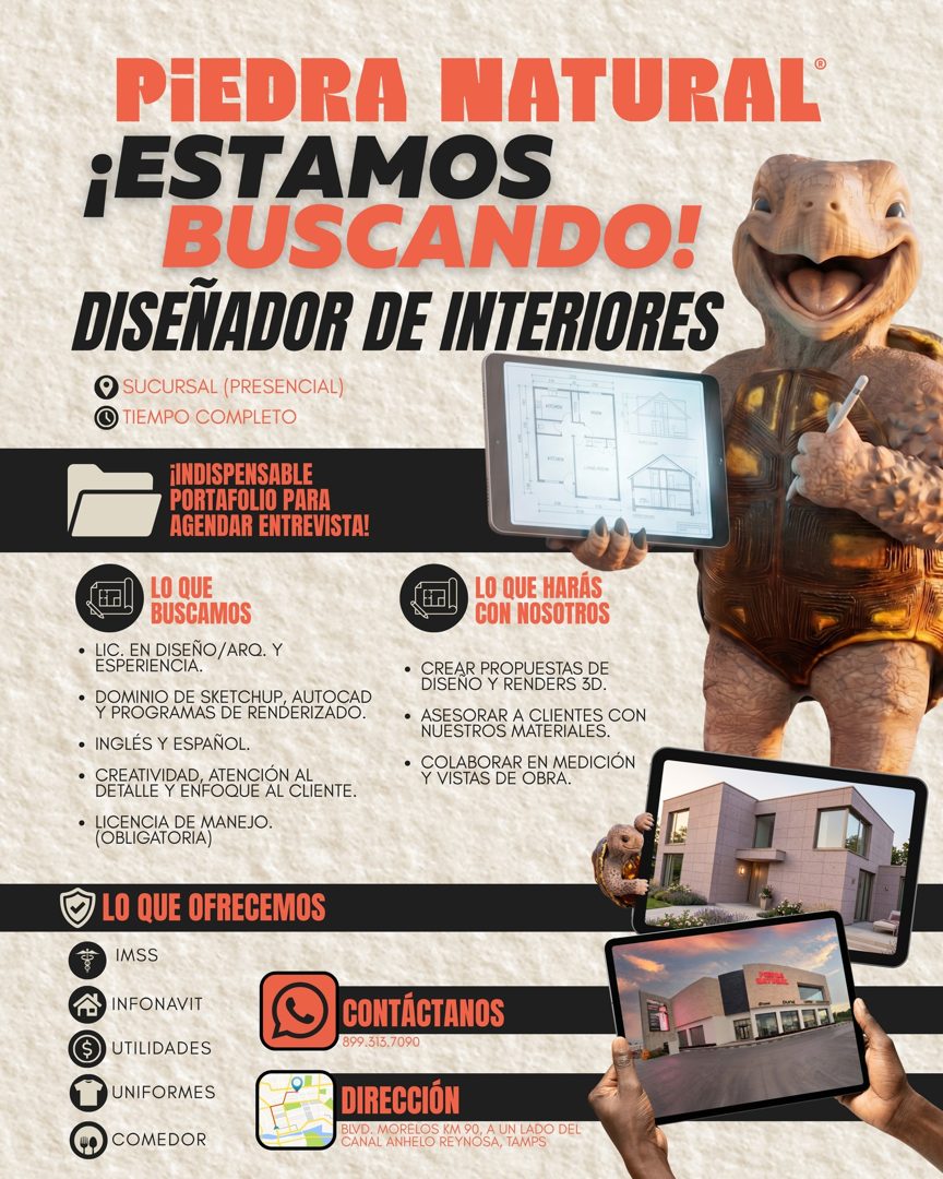 Banner del anuncio de la vacante: PIEDRA NATURAL® · ¡ESTAMOS · BUSCANDO! · DISEÑADOR DE INTERIORES · SUCURSAL (PRESENCIAL) · TIEMPO COMPLETO · FINDISPENSABLE · PORTAFOLIO PAR