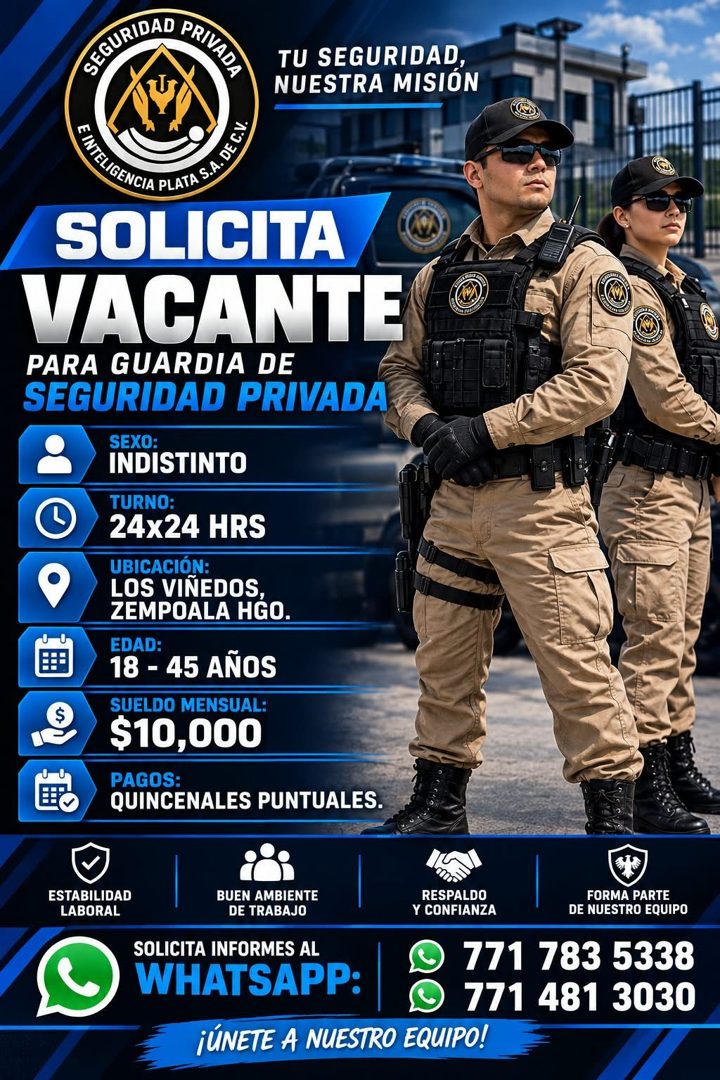 Banner del anuncio de la vacante: GESTO A RELIE · TU SEGURIDAD, · NUESTRA MISIÓN · SOLICITA · VACANTE · PARA GUARDIA DE · SEGURIDAD PRIVADA · SEXO: · INDISTINTO · TURNO: · 24