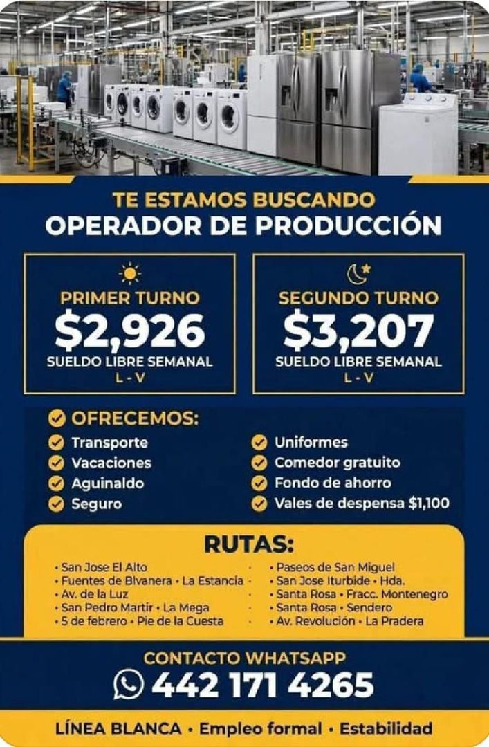 Banner del anuncio de la vacante: TE ESTAMOS BUSCANDO · OPERADOR DE PRODUCCIÓN · PRIMER TURNO · $2,926 · SUELDO LIBRE SEMANAL · L - V · OFRECEMOS: · Transporte · Vacaciones ·