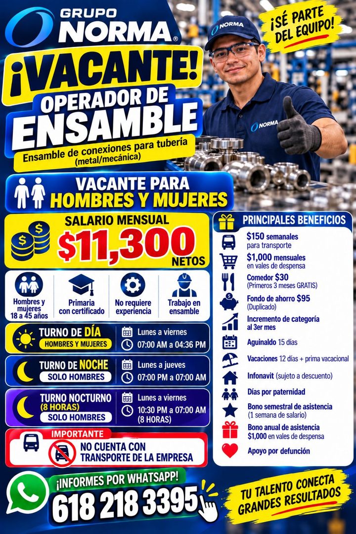Banner del anuncio de la vacante: GRUPO · NORMA. · NORMA · ¡VACANTE! · OPERADOR DE · ENSAMBLE · Ensamble de conexiones para tubería · (metal/mecánica) · VACANTE PARA · HOMBRE