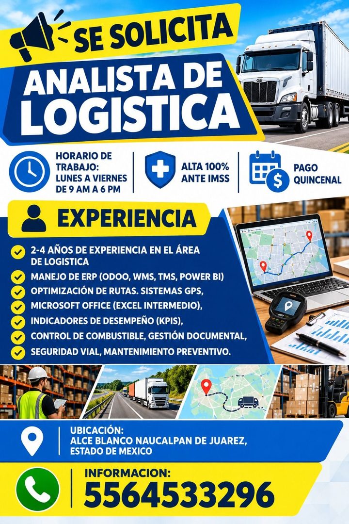 Banner del anuncio de la vacante: • SE SOLICITA · ANALISTA DE · LOGISTICA · HORARIO DE · TRABAJO: · LUNES A VIERNES · DE 9 AM A 6 PM · + · ALTA 100% · ANTE IMSS · EXPERIENCIA